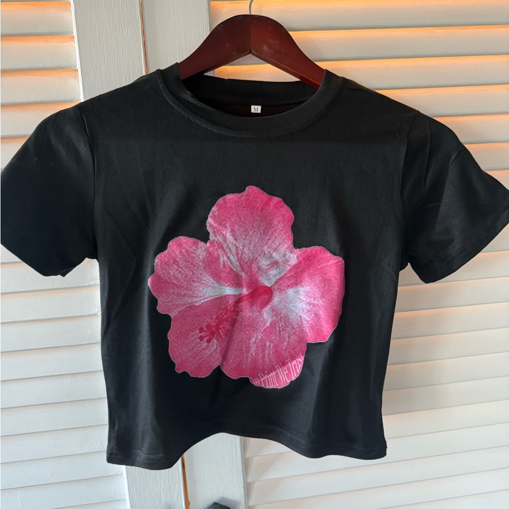 Black T-Shirt with Pink Floral Design